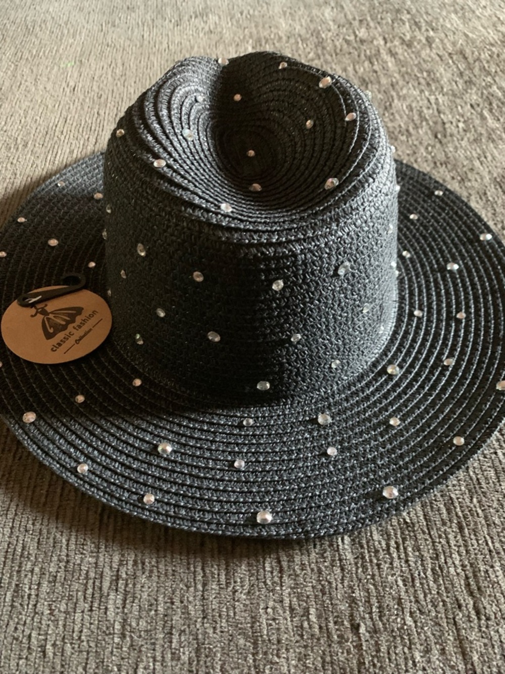 Black rhinestone fedora straw hat - Picture 5 of 7